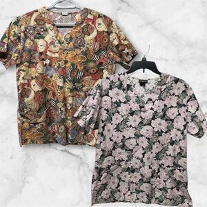 Vintage floral and bear print scrub tops bundle sz small